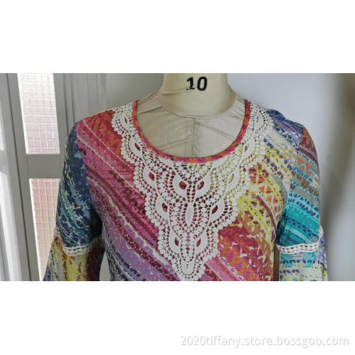 Colorful Printing Lace Neckline Blouse For Ladies